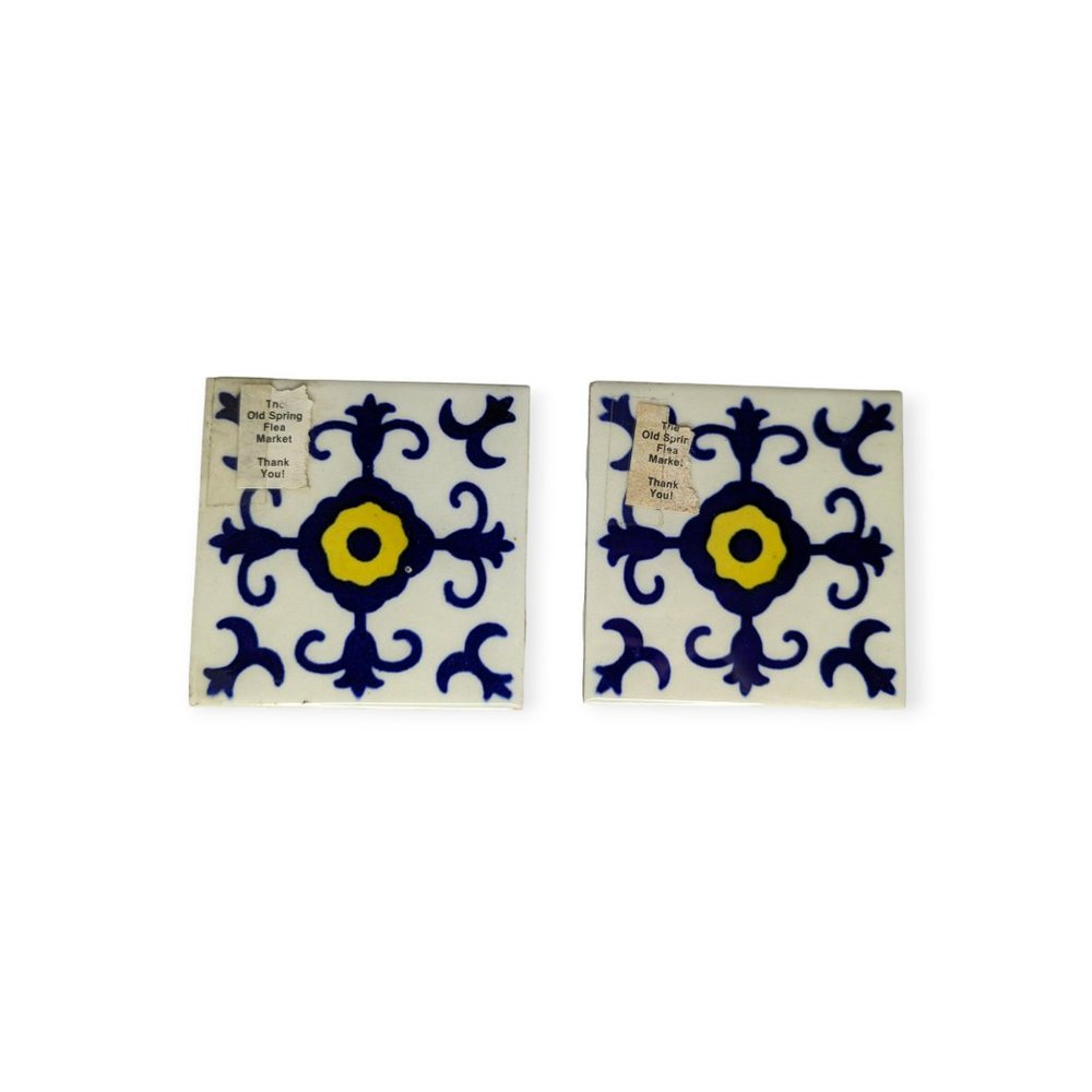 2 Mexican Dal-Tile Clay Tile Folk Art 4 x 4 Blue & Yellow